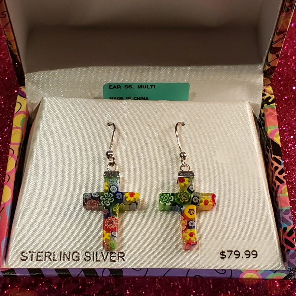 Flowered Cross Sterling Silver Earrings